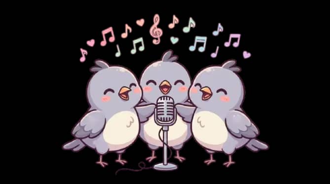 Three Refrain mockingbirds singing in harmony around a vintage microphone