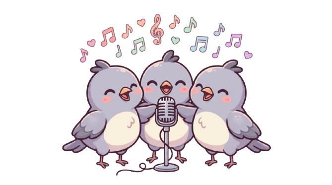 Three Refrain mockingbirds singing in harmony around a vintage microphone
